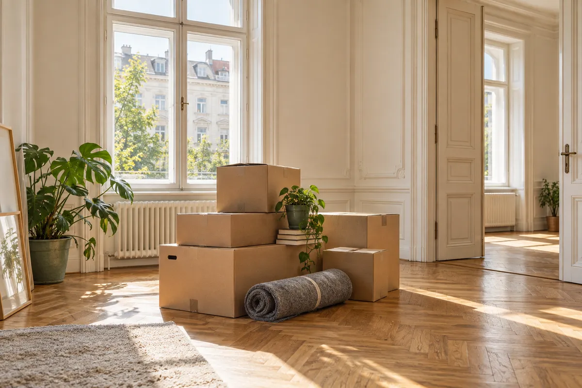 Umzugskartons, Schutzdecke und Pflanzen in einer hellen Altbauwohnung – illustrative Umzugsszene