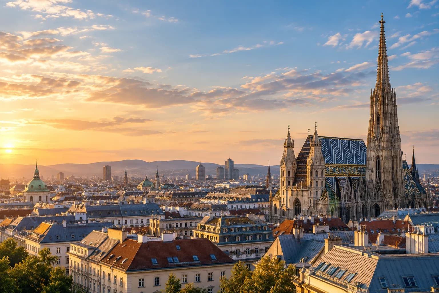 Blick über Wien mit dem Stephansdom und seinem charakteristischen Ziegeldach bei warmem Abendlicht